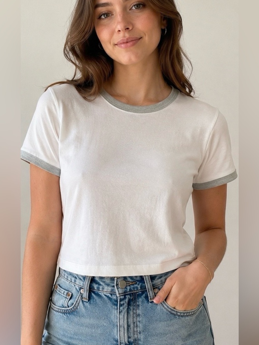 Harlow XL cropped White Tee with grey Trim Detail Stretch Cotton Blend layering